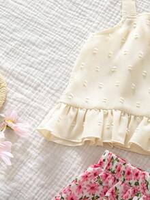 SHEIN 两件套少女纯色花卉贴花休闲背心和碎花裤套装 - 彩色 - 查看 7