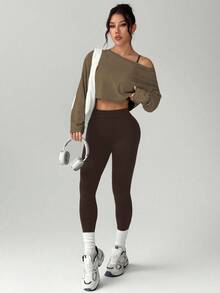 BamGleam 3pcs Women Set: Loose Drop Shoulder Long Sleeve Cropped T-Shirt, Seamless Wireless Bra, And High Waist Leggings Sports Outfit Brown Yoga Set Brown Workout Set Brown Athletic Set - Brown - View 6