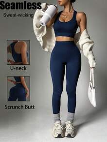 BamGleam Conjunto de ropa deportiva de top de tirantes de cuello de pico y pantalones ajustados de cintura alta para mujer - Azul Marino - Ver 4
