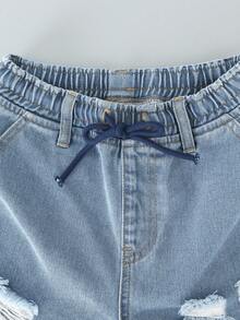 SHEIN Tween Boys' Elastic Waist Drawstring Ripped Denim Shorts, Summer Fashion - Light Wash - View 5