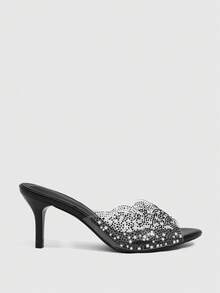 CUCCOO SZL Women's Fashion Charming Crystal Diamond Decorative Cone Heel Sandals, Pearl Black, Transparent TPU Material, Pointed Comfortable Casual Sandals, Suitable For Parties, Weddings, Parties, Spring, Summer And Autumn Christmas Wear - Black - View 2