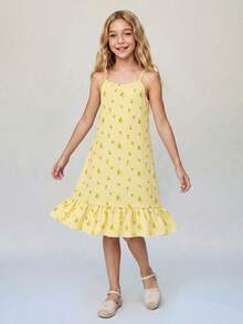 SHEIN Casuvi Kids Đầm đi nghỉ mát thường ngày, in họa tiết sọc cầu vồng, không tay, viền bèo, dành cho bé gái tuổi teen. - Màu vàng - Xem 1