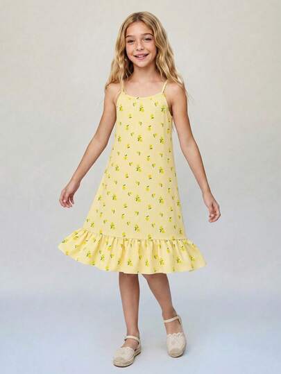 SHEIN Casuvi Kids Tween GirlsRainbow Striped Print Sleeveless Ruffle Hem Casual Vacation Dress