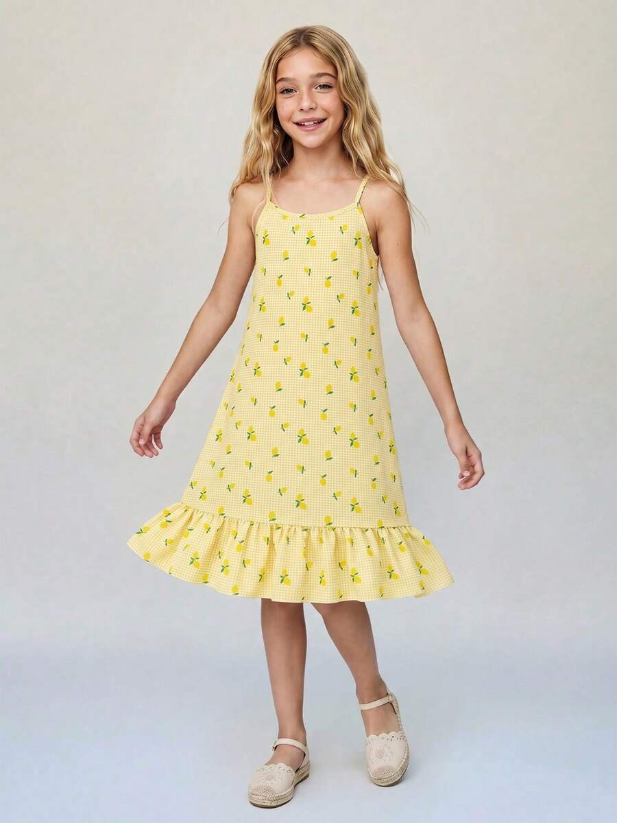 SHEIN Casuvi Kids Đầm đi nghỉ mát thường ngày, in họa tiết sọc cầu vồng, không tay, viền bèo, dành cho bé gái tuổi teen. - Màu vàng - Xem 1