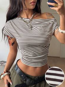 Coolane Áo thun nữ mùa hè phong cách đường phố, hippie, vintage, giản dị, tối giản, kín đáo, chất liệu thoáng mát, co giãn, thoải mái, cổ áo rộng, cổ lệch. - Cà phê nâu - Xem 1