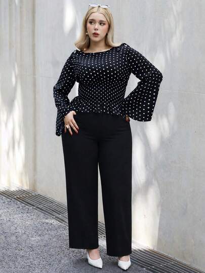 CHERRY TINTT SELECTION Camisa de manga larga con ajuste de cintura, decoración de lazo en los hombros, estampado de lunares blanco y negro, para uso casual diario en tallas grandes