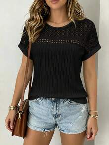 EMERY ROSE Light Gray Ribbed Knit Patchwork Hollow Out Short Sleeve Top - Black - View 1