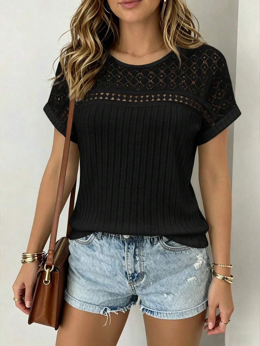 EMERY ROSE Light Gray Ribbed Knit Patchwork Hollow Out Short Sleeve Top - Black - View 1