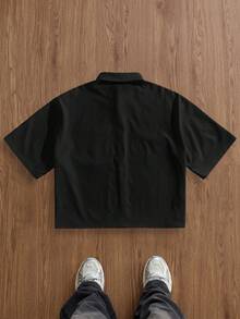 ESTAVOR Camicia casual da uomo, stile di strada, per uso quotidiano, minimalista, con patchwork, tasche e chiusura lampo davanti, a maniche corte, adatta per l'estate - nero - Visualizzare 2