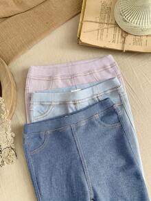 SHEIN LMoss Kids LMoss 女童三件套纯色针织打底裤休闲套装 - 淡紫色 - 查看 6