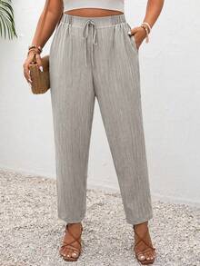 SHEIN PETITE CURVE Calça feminina plus size com bolsos, cintura ajustável e cordão, ideal para férias. - Damasco - Ver 4