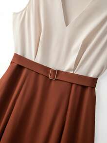 SHEIN LUNE CURVE Đầm dài dáng midi cổ chữ V thanh lịch dành cho nữ cỡ lớn, phối màu tương phản, màu trơn, kiểu dáng hai mảnh, thắt eo, dáng chữ A, phù hợp cho hẹn hò, đi chơi, công sở, du lịch, thời trang đa năng, đầm dài mùa hè mới về. - Nhiều màu - Xem 3