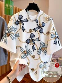 Franclia Kaos Wanita Kasual Ukuran Besar dengan Hiasan Pita Bordir, Mutiara, dan Berlian Imitasi - MultiWarna - View 1