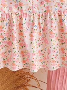 SHEIN Elladie kids 女童两件套碎花套装，粉色蝴蝶结装饰无袖上衣+纹理阔腿裤，甜美可爱夏季休闲装 - 粉色 - 查看 5