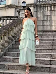 Firerie Vestido de mujer elegante de cuello halter, romántico, de longitud media, vestido fluido, adecuado para vacaciones en la playa, fiestas y reuniones románticas - Verde Pastel - Ver 2