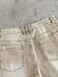 AXEPEAK Men's Summer Street-Style Washed Portrait Pattern Slant Pocket Denim Shorts - Khaki - View 6