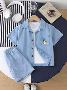 SHEIN Bộ 3 món cho bé trai: áo sơ mi denim, quần short và áo phông in hình trái cây, trang phục thường ngày cho kỳ nghỉ hè. - Màu xanh lam - Xem 8