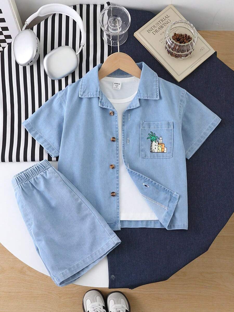 SHEIN 男童牛仔衬衫、短裤、水果印花T恤三件套，夏季度假休闲装 - 藍色 - 查看 1