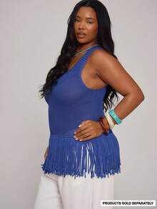 MUSERA Plus Size Crochet Knit Fringed Fitted Vest Top Autumn Vacation Holiday Beach Formal Vacation Elegant Casual Swim Ibiza Tropic Heat Royal Blue - Blue - View 1