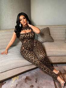 NU&NOW Sexy Hollow Out Design Peep Toe Splice Black Plus Size Jumpsuit - Brown - View 5