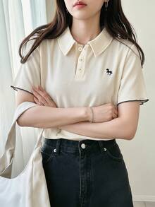 FRIFUL 女士杏色基础款 Polo 领刺绣 T 恤，翻领短袖夏季服装 - 杏色 - 查看 3