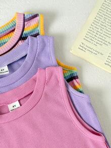 SHEIN 3pcs/Set Girls' Casual Colorful Striped Knit Vest Set - Multicolor - View 5