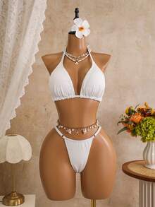 Swim Mod Plus Size Women White Summer Beach Holiday Party Hollow Floral Top,Bikini Triangle Bottoms & Ruffle Skirt Set,Minimalist Fashion Holiday Swimsuit - White - View 5