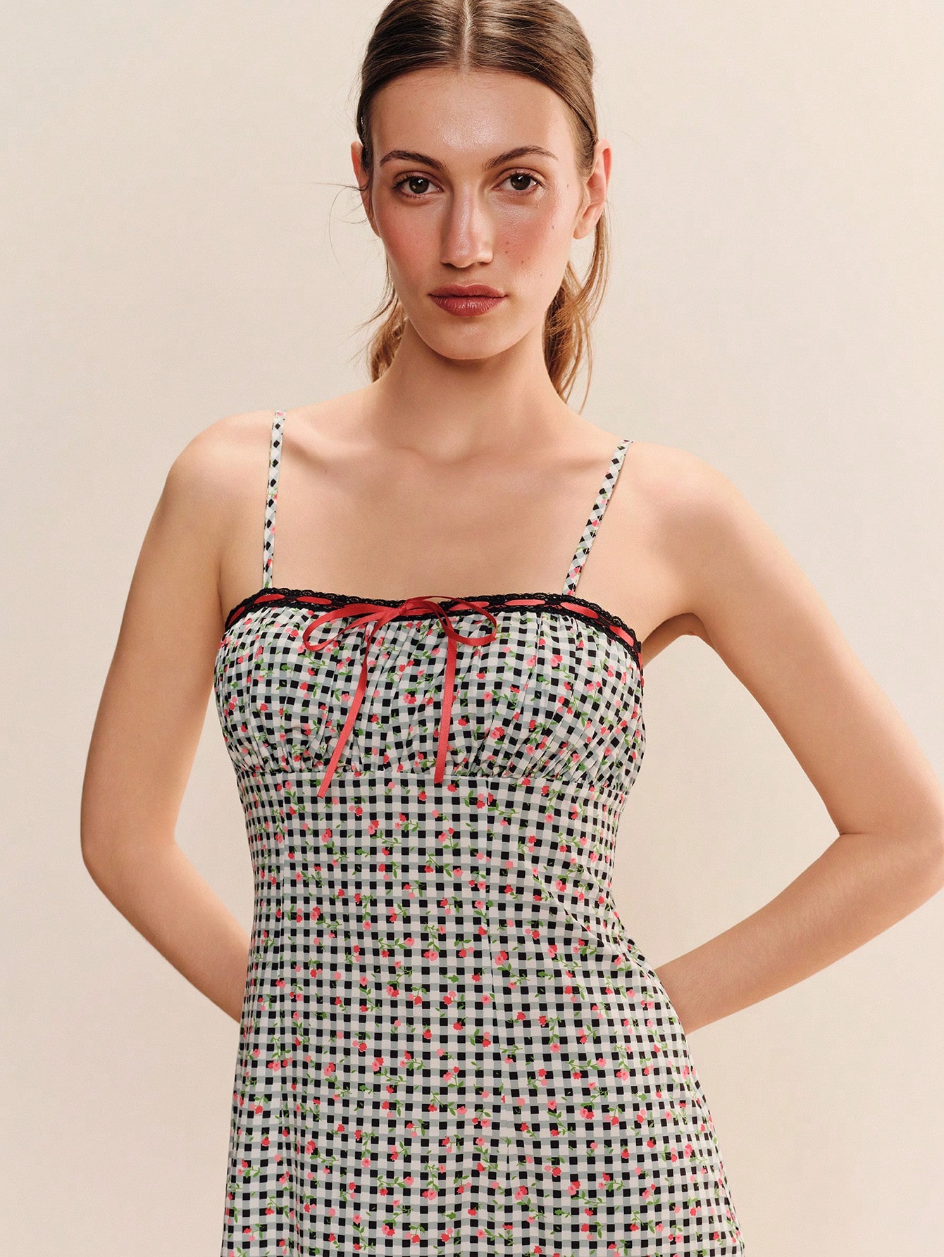 Floral And Gingham Printed Midi Dress With Contrast Red Straps And Tie Front Detail Vintage Cute Spring Summer Casual Holiday Dress Spaghetti Strap Dress Knee Length Dress French Style Dress