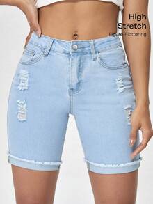 Flexra Plus Size Women Casual Elastic Denim Shorts, Summer - Light Wash - View 1