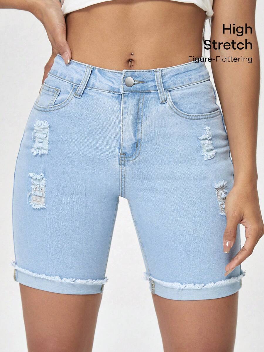 Flexra Plus Size Women Casual Elastic Denim Shorts, Summer - Light Wash - View 1