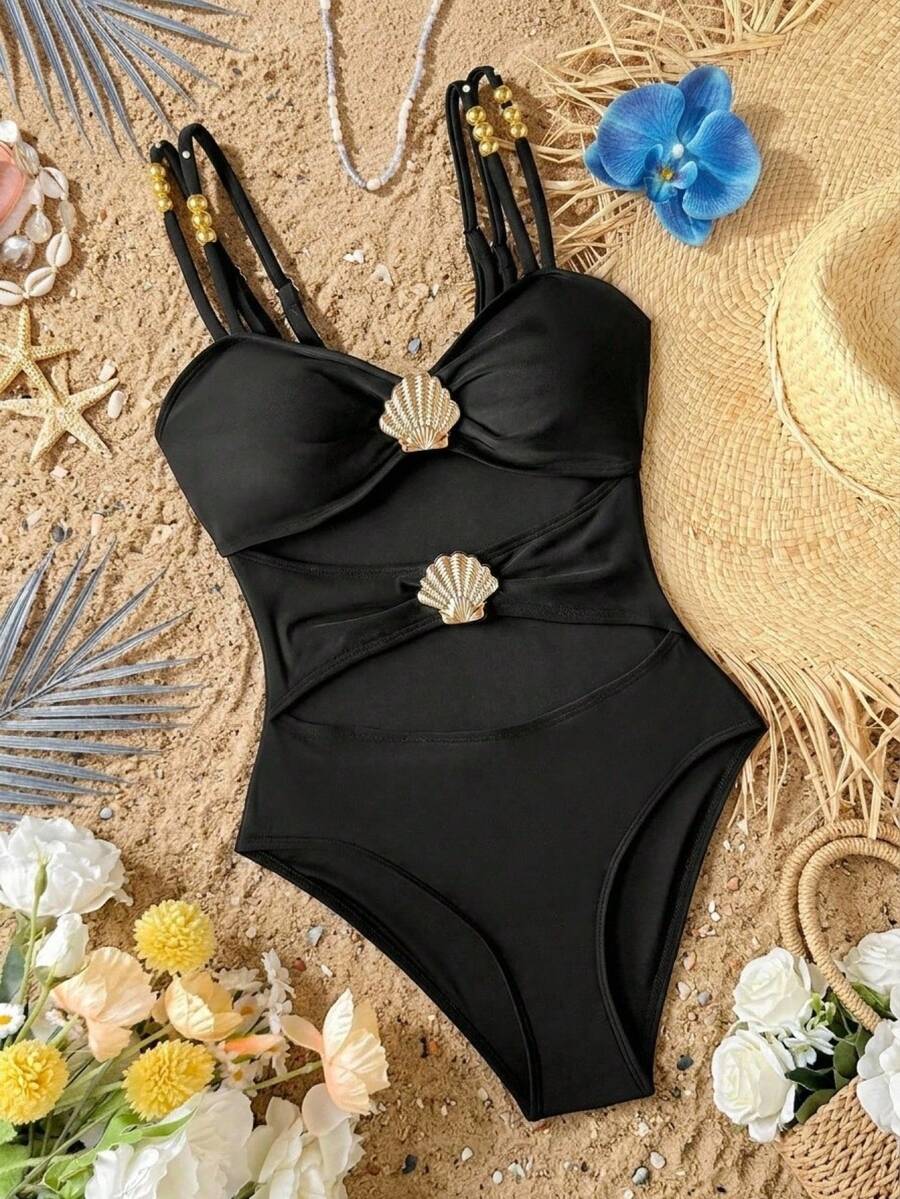 SHEIN 少女度假V领系带花卉金属扣白色针织纹理修身连体泳衣 - 黑色 - 查看 1