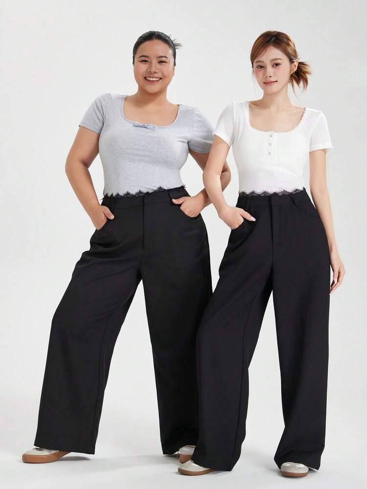 Dazy Plus Plus Size Lace-Up Patchwork Solid Color Loose Casual Pants, All-Season Delicate Lace Fall