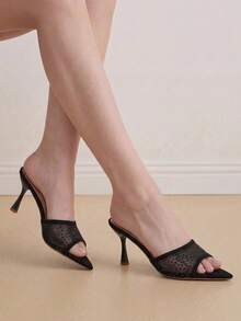 Eladyva Sandalias de tacón alto con decoración de cristales para mujer, puntera afilada, atractivas para fiesta/boda, verano, tacones transparentes de malla con cristales negros - Negro - Ver 3