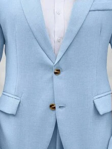 Manfinity Mode Bộ vest nam màu trơn cổ bẻ tay dài, áo blazer và quần tây, kiểu dáng công sở thường ngày, 2 món, thích hợp cho mùa xuân thu. - Màu xanh nhạt - Xem 8