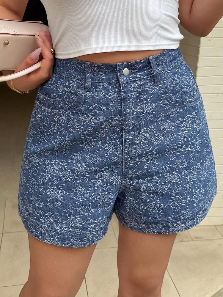 Dazy Plus Plus Size Women Floral Print Casual Denim Shorts, Vacation Style Streetwear, Spring/Summer