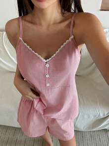 DAZY Striped Contrast Ruffle Trim Camisole & Shorts Pajama Set, Vacation Style - Red - View 7