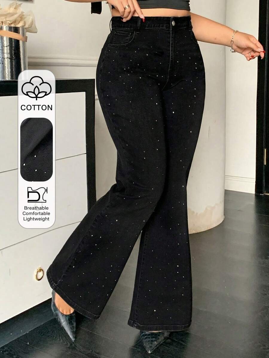 Dazy Plus Plus Size Women Washed Black Distressed Elastic Fitted Sequin Decor Flare Leg Jeans - Black - View 1