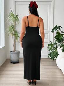SHEIN EZwear 大码女式纯色开衩休闲派对吊带裙 - 黑色 - 查看 2
