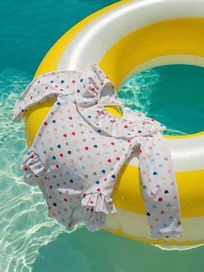 DAZY Infant/Toddler Girls' Floral Print Ruffle Trim Long Sleeve Swimsuit, Casual Vacation
