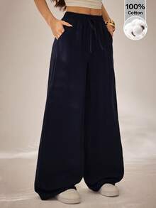 SHEIN PETITE Pantalones blancos de algodón 100% lavados, de estilo minimalista básico bohemio, para conciertos de verano, salidas y playa - Azul Marino - Ver 4