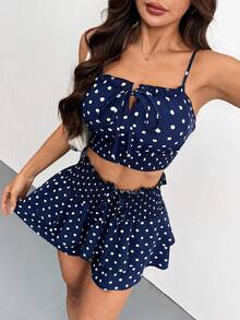 SHEIN Holidaya 女士波点印花扭结吊带背心和高腰裙两件套 - 彩色 - 查看 5