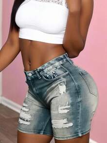 Maweii Pantalones cortos casuales y versátiles para uso diario con diseño desgastado, bolsillos y botones para mujer de talla grande - Multicolor - Ver 4