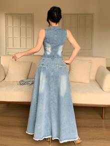DAZY Bộ đồ nữ gồm áo khoác denim không tay và chân váy dài, kiểu dáng thường ngày, thích hợp cho mùa xuân/hè. - Màu xanh lam - Xem 2