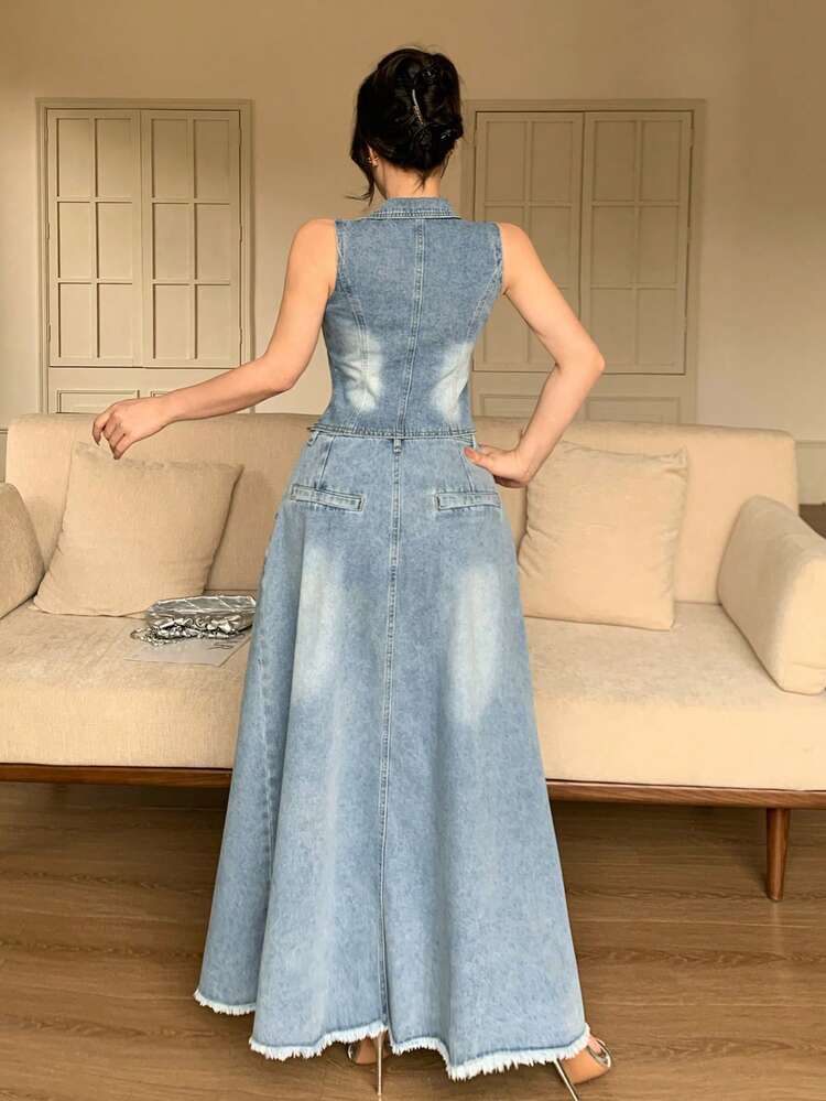 Women's Casual Sleeveless Denim Vest And Long Skirt 2-Piece Set, Spring/Summer
