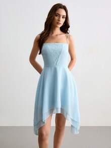 CielaLinda Đầm hai dây nữ bằng chiffon phối ren, vạt bất đối xứng - Màu xanh nhạt - Xem 3