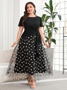 SHEIN Clasi Đầm hoa nhí phối lưới tương phản, thanh lịch, cỡ lớn, mùa hè. - màu đen - Xem 7