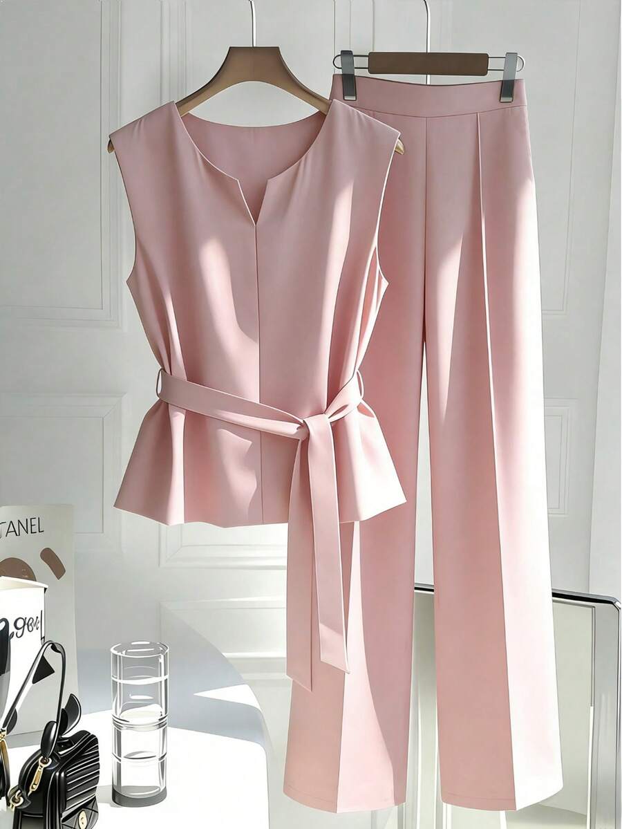 Franclia New Women's Casual Retro Waist-Cinching 2 Pieces Set - Pink - View 1