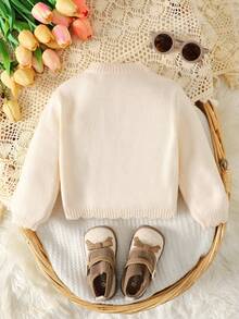 SHEIN Baby Girl Long Sleeve Cardigan Sweater,Beige,Autumn,Cute,Matching Family,Adorable Animal Pattern,Apricot Color,Ribbed Cuffs,Casual Daily & Holiday - Apricot - View 2