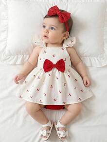 SHEIN Conjunto de 2 piezas de vestido con volantes y cubrepañal con estampado de cerezas dulces para bebé recién nacido en verano - Rojo - Ver 3