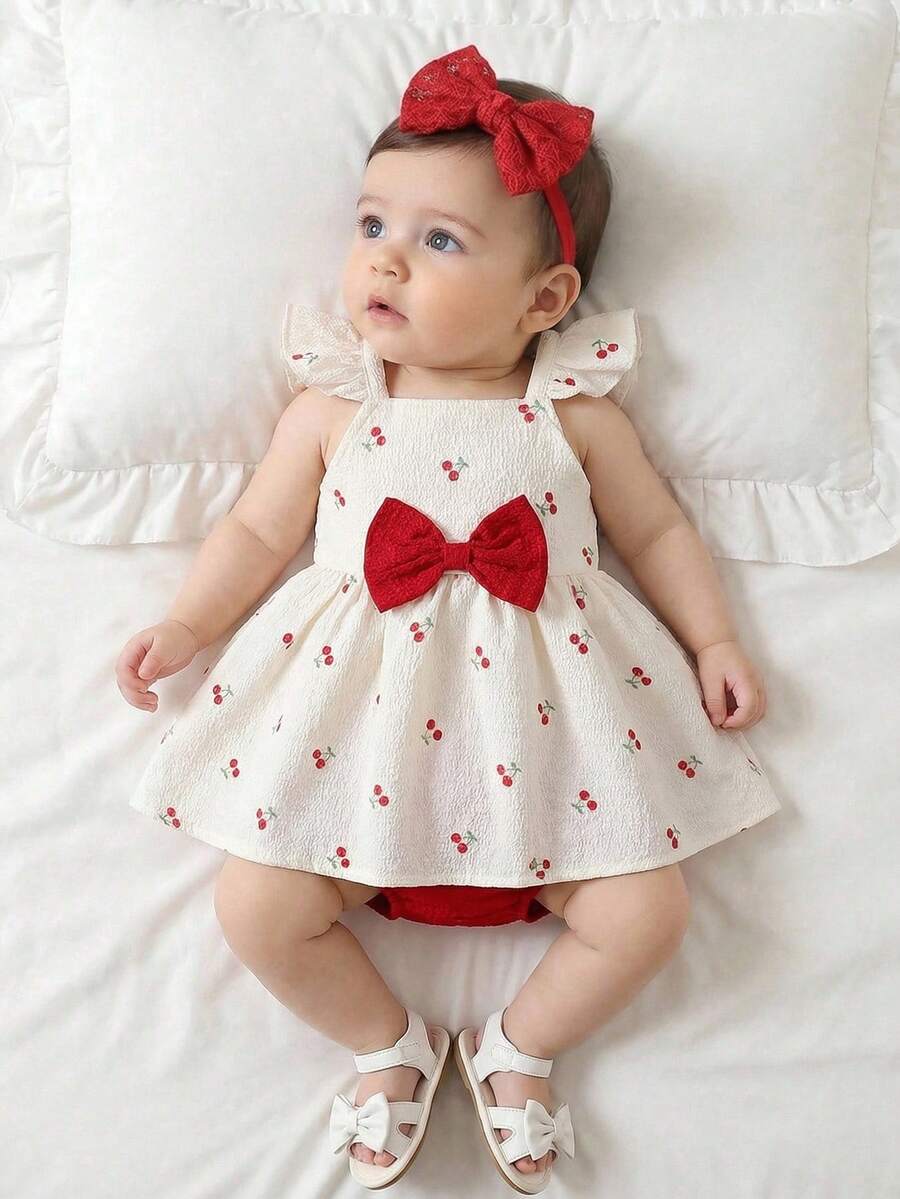 SHEIN Bộ 2 món gồm váy và quần giữ tã in hình quả anh đào ngọt ngào cho bé sơ sinh mùa hè, viền bèo nhún. - Đỏ - Xem 1